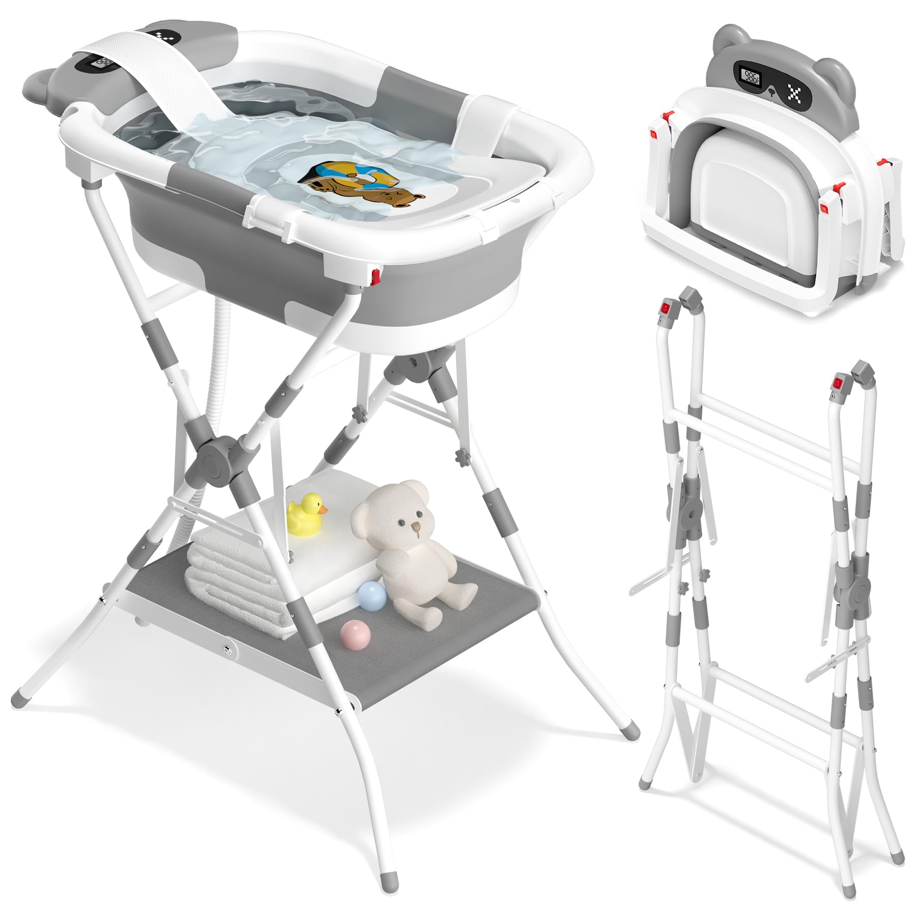 AVIDOR baby bathtub with stand assembly shows sturdy newborn bathing support