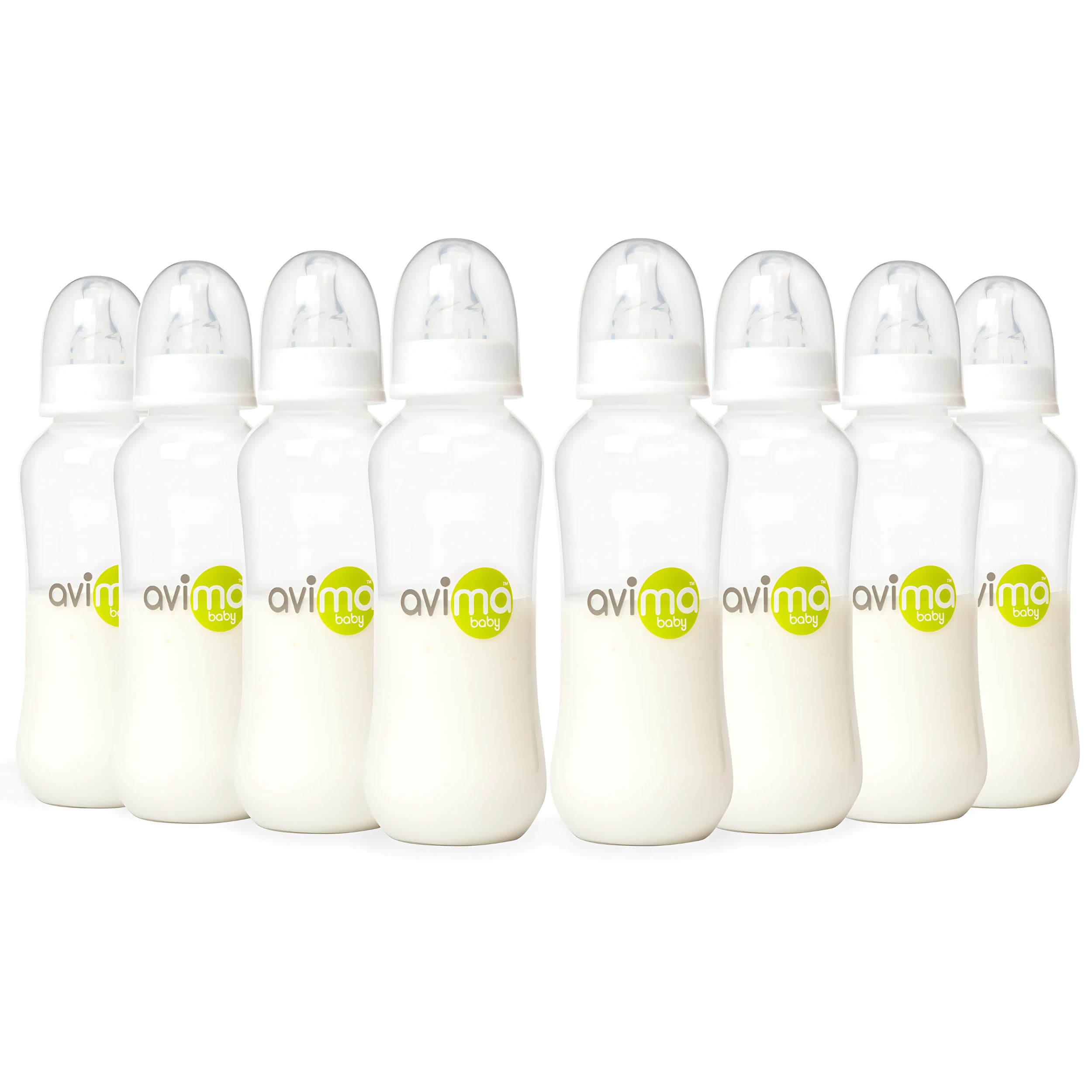 Avima 10oz anti-colic bottle set close-up with duo-flo nipples reducing gas during feeding.