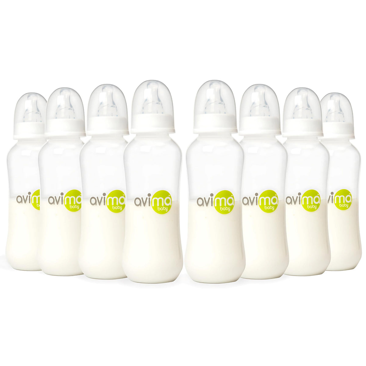 Avima 10oz anti-colic bottle set close-up with duo-flo nipples reducing gas during feeding.