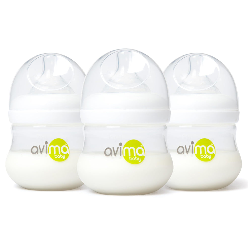 Avima Baby 4 oz anti-colic bottle set with Duo-Flo nipples for paced feeding.