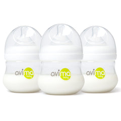 Avima Baby 4 oz anti-colic bottle set with Duo-Flo nipples for paced feeding.