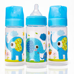 Avima Baby 9 oz anti-colic bottles with blue elephants aid calm feeding