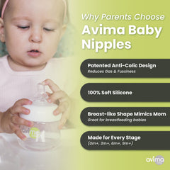 Avima Baby wide neck nipple demonstrates natural latch with breast-like shape