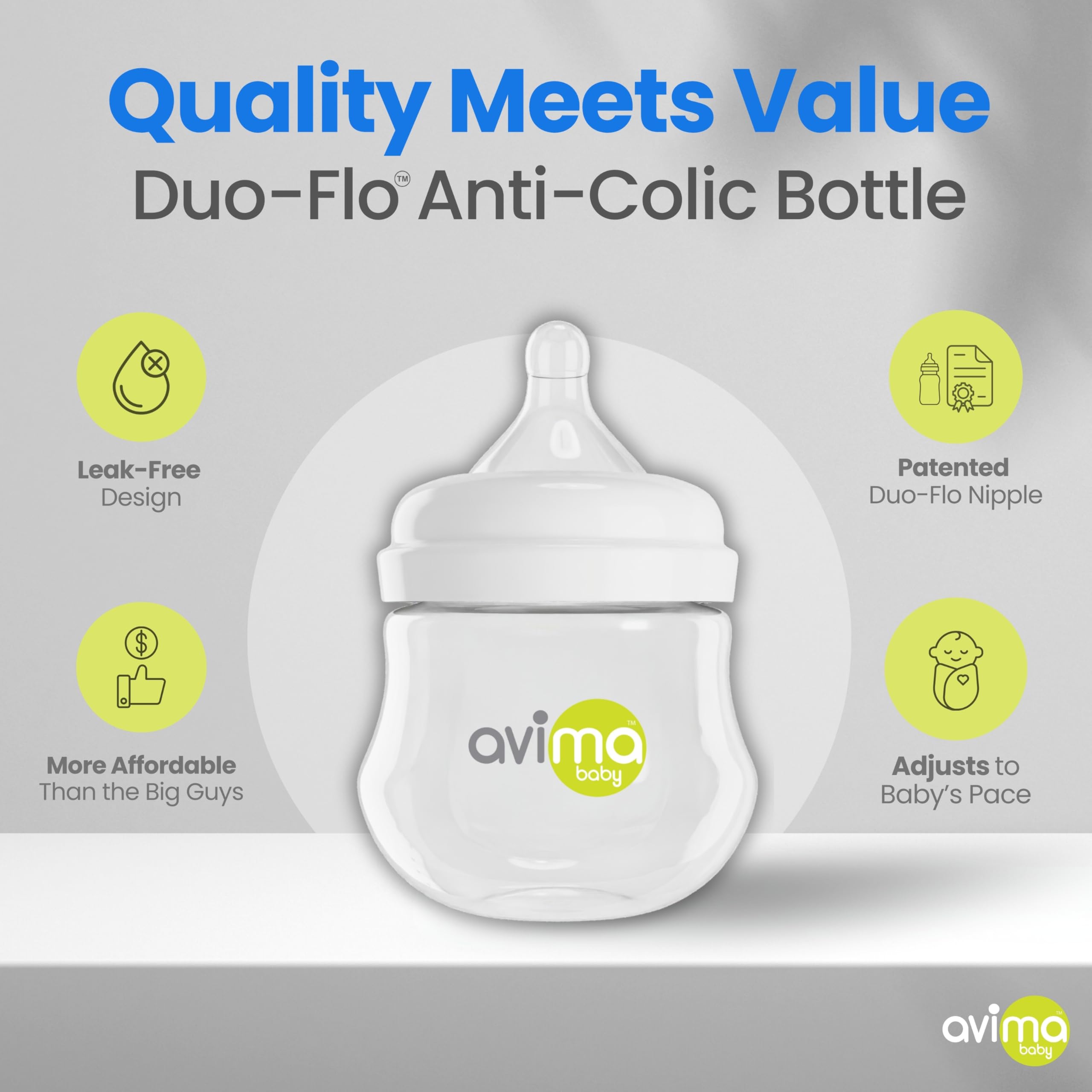 Avima wide-neck bottle with breast-like nipple promoting natural latch.