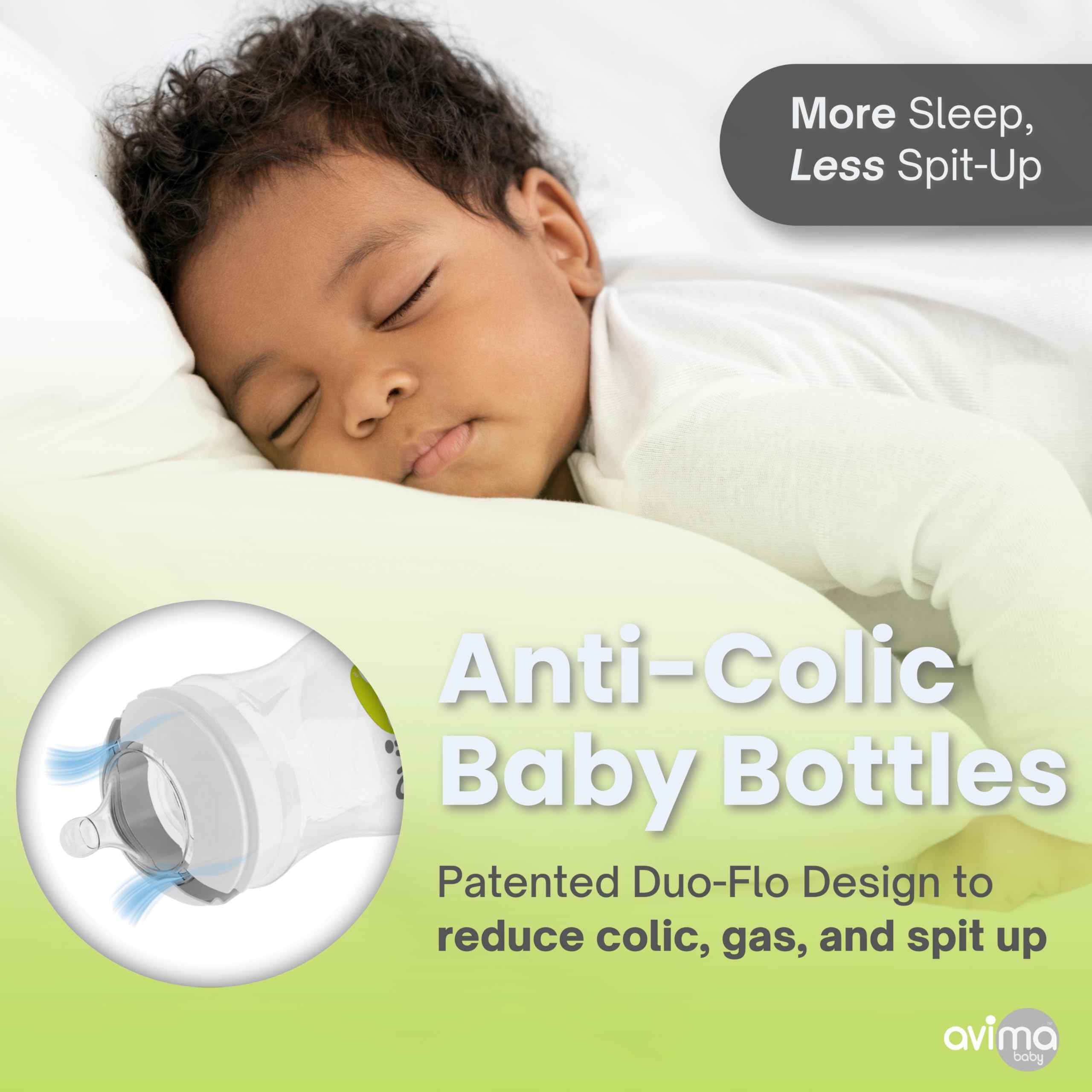 Avima slow-flow newborn bottle supporting paced feeding for 0-3 months.