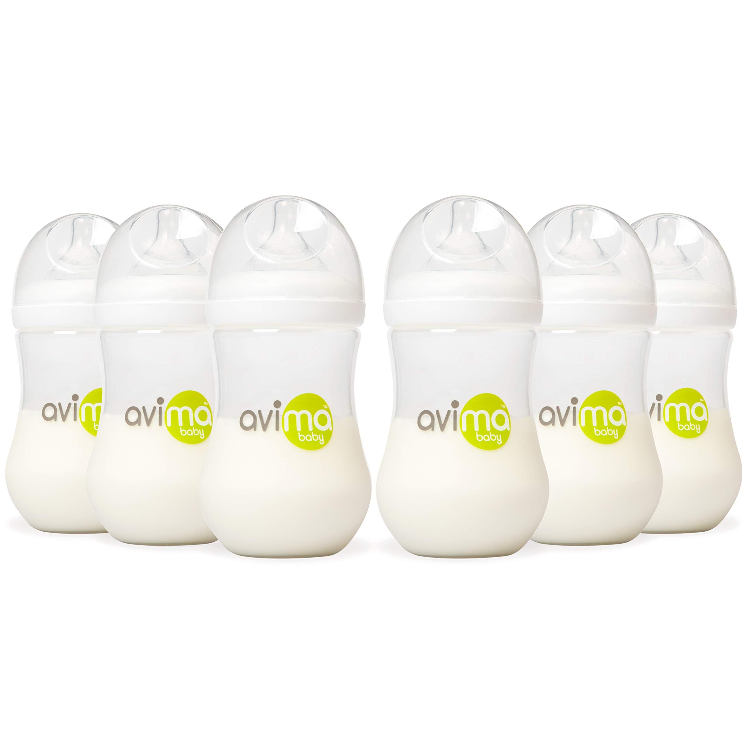 Avima Baby bottle wide neck six-pack for easy cleaning and feeding.