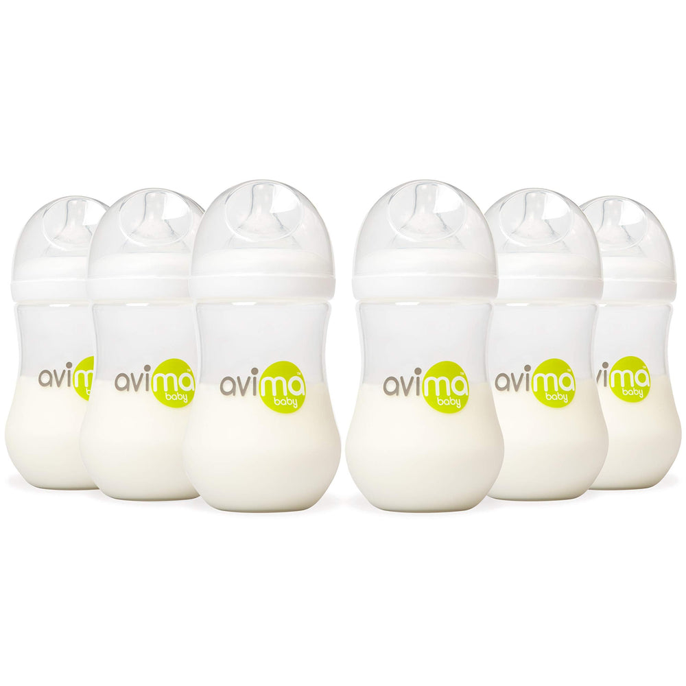 Avima Baby bottle wide neck six-pack for easy cleaning and feeding.