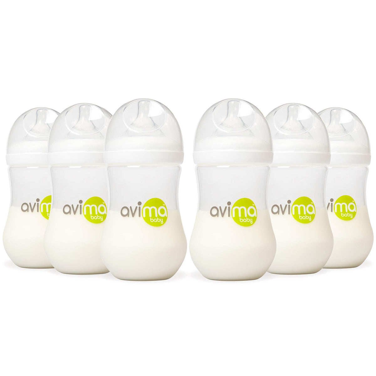 Avima Baby bottle wide neck six-pack for easy cleaning and feeding.