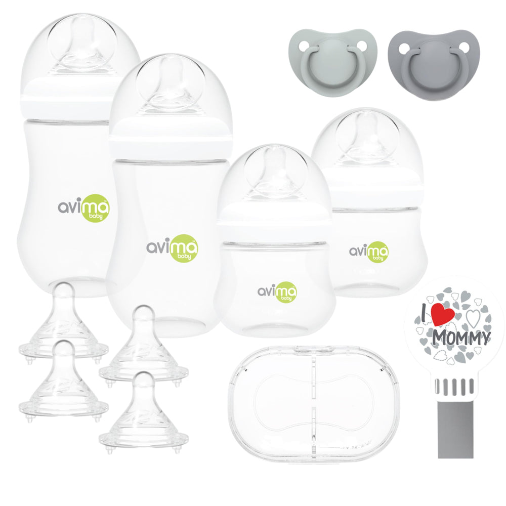 Avima Baby wide neck starter kit 4oz bottles for newborn feeding flexibility.