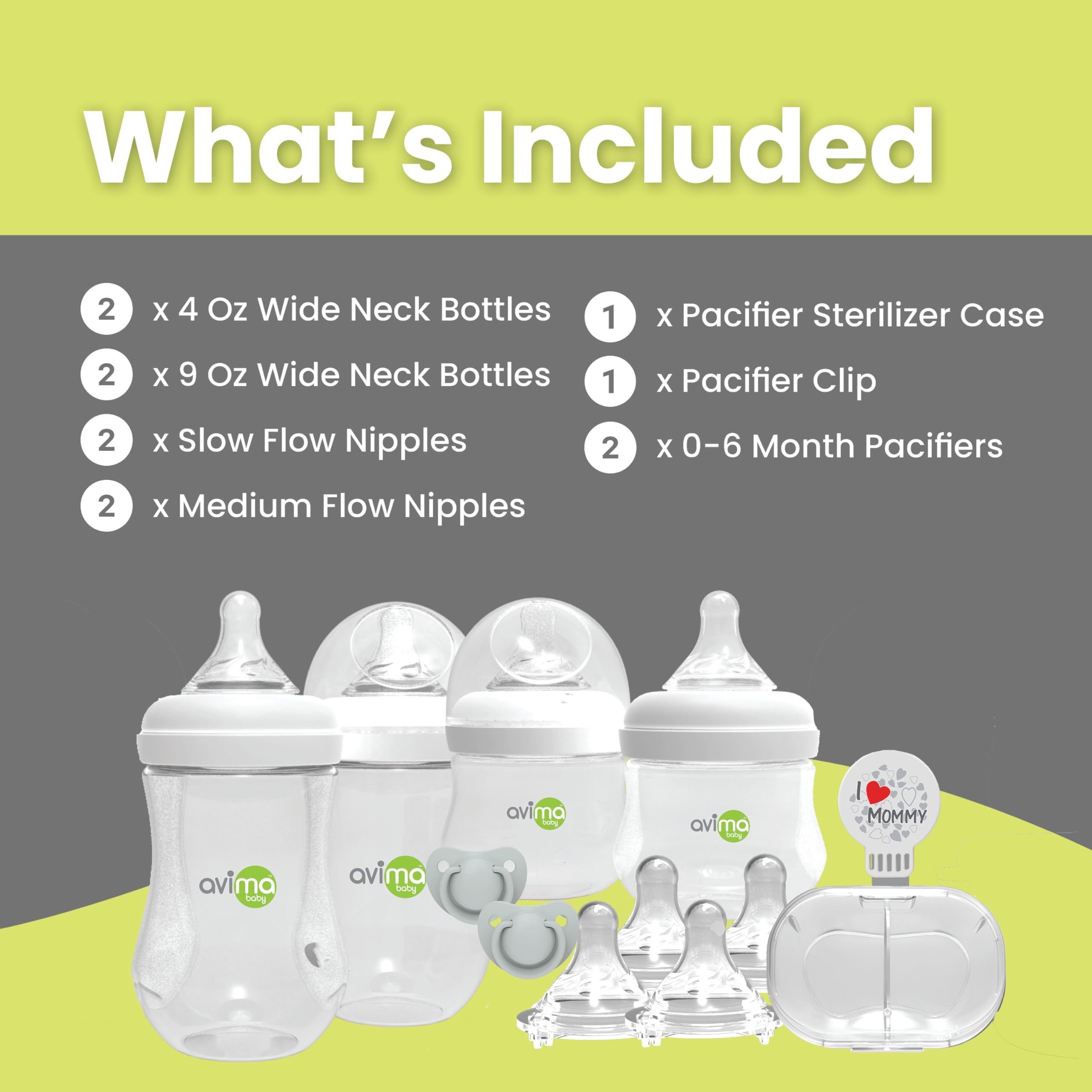 Avima Baby wide neck starter kit 9oz bottles for growing infants feeding versatility.