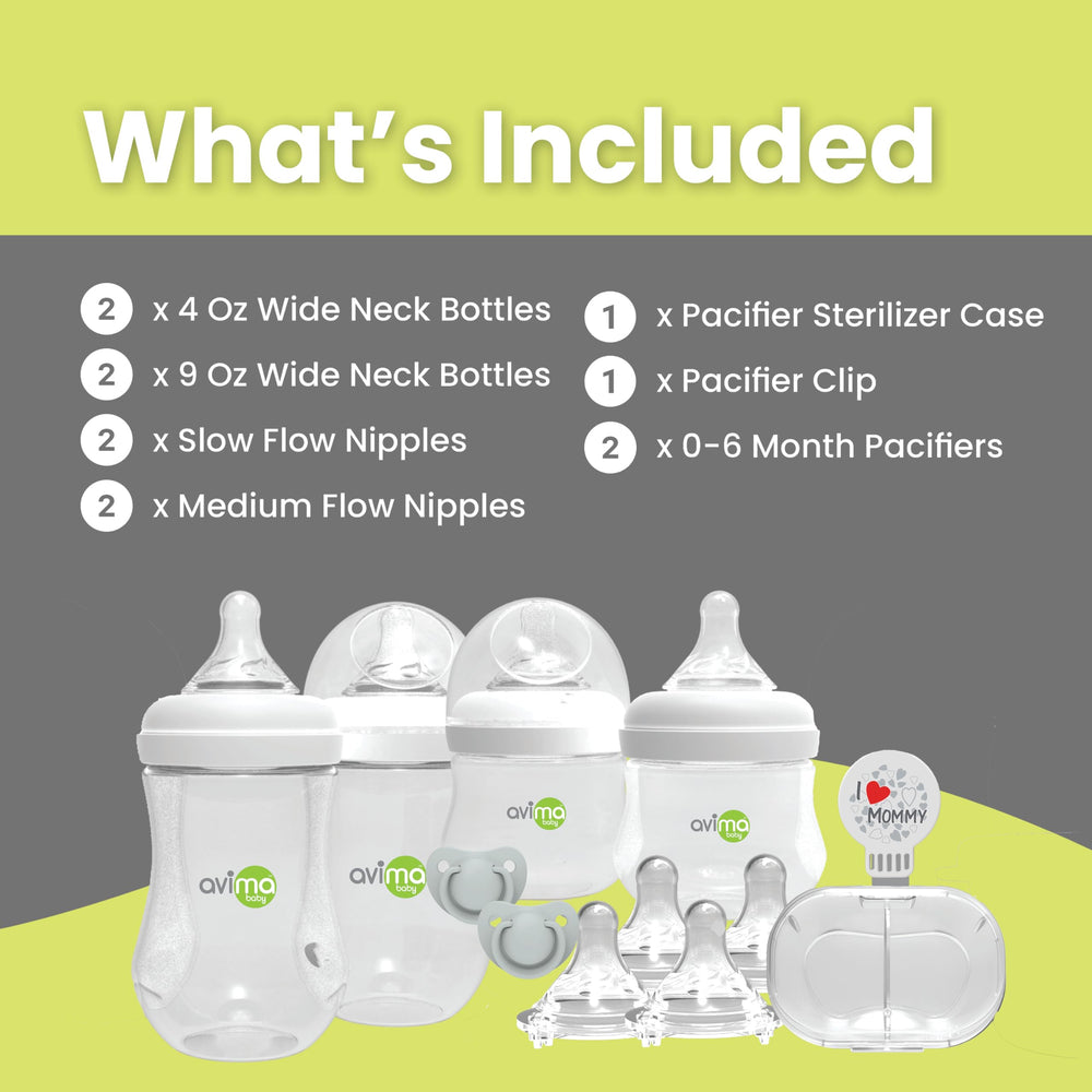 Avima Baby wide neck starter kit 9oz bottles for growing infants feeding versatility.