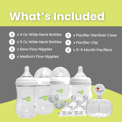 Avima Baby wide neck starter kit 9oz bottles for growing infants feeding versatility.
