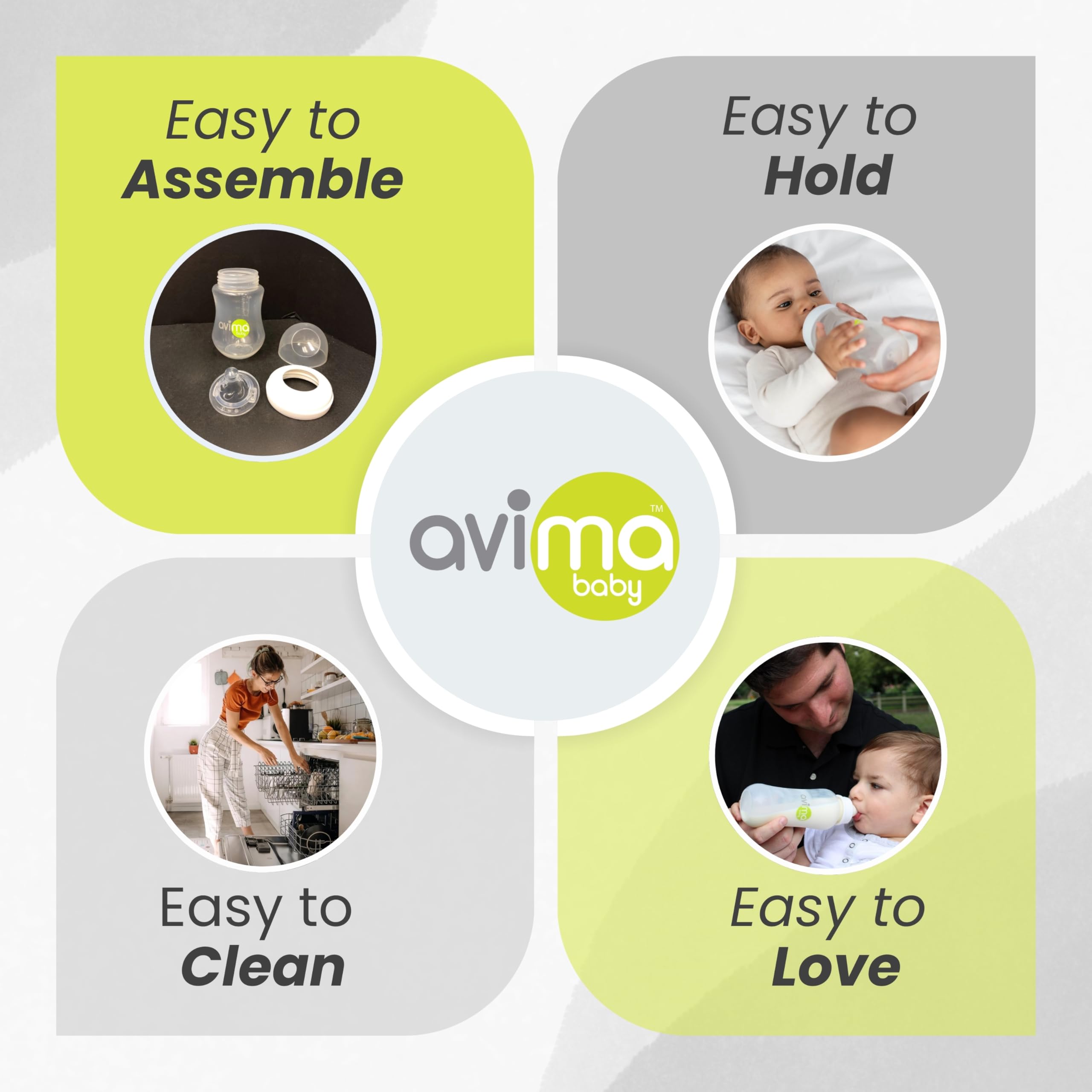 Avima bottle shown top-rack dishwasher-safe with leak-proof 4-piece design.