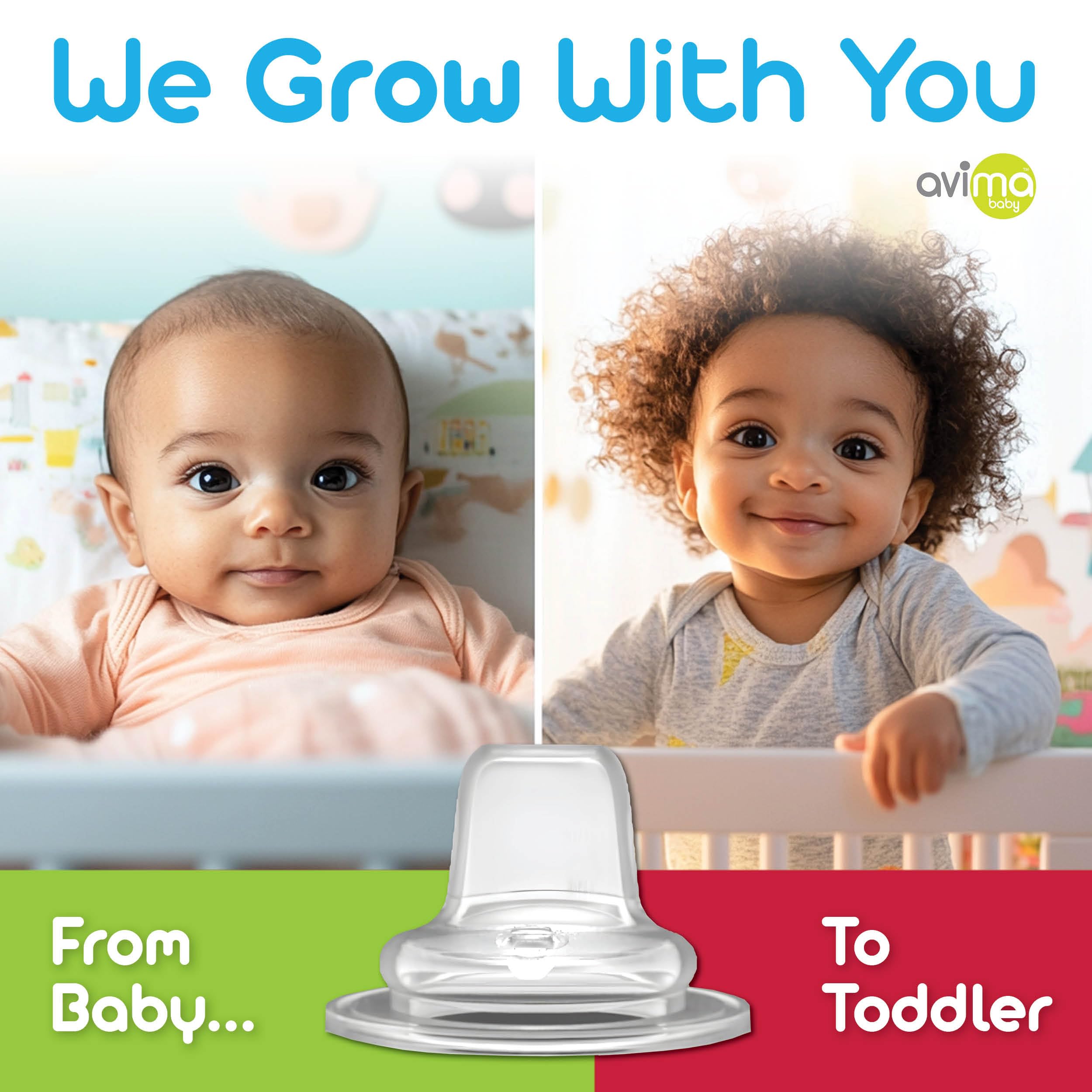 Avima BPA-free silicone spouts closeup emphasizes safe materials and premium quality.