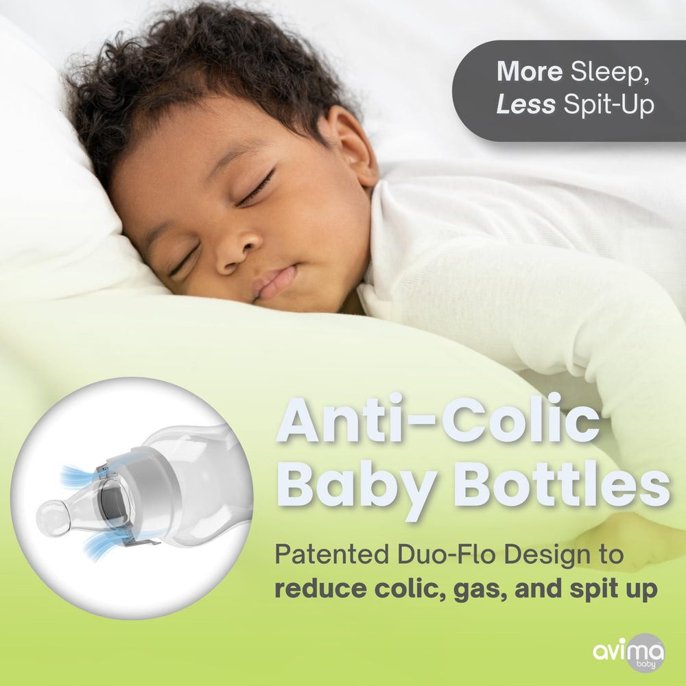 Avima medium-flow nipples mounted on bottles for 3-6 month feeding needs.