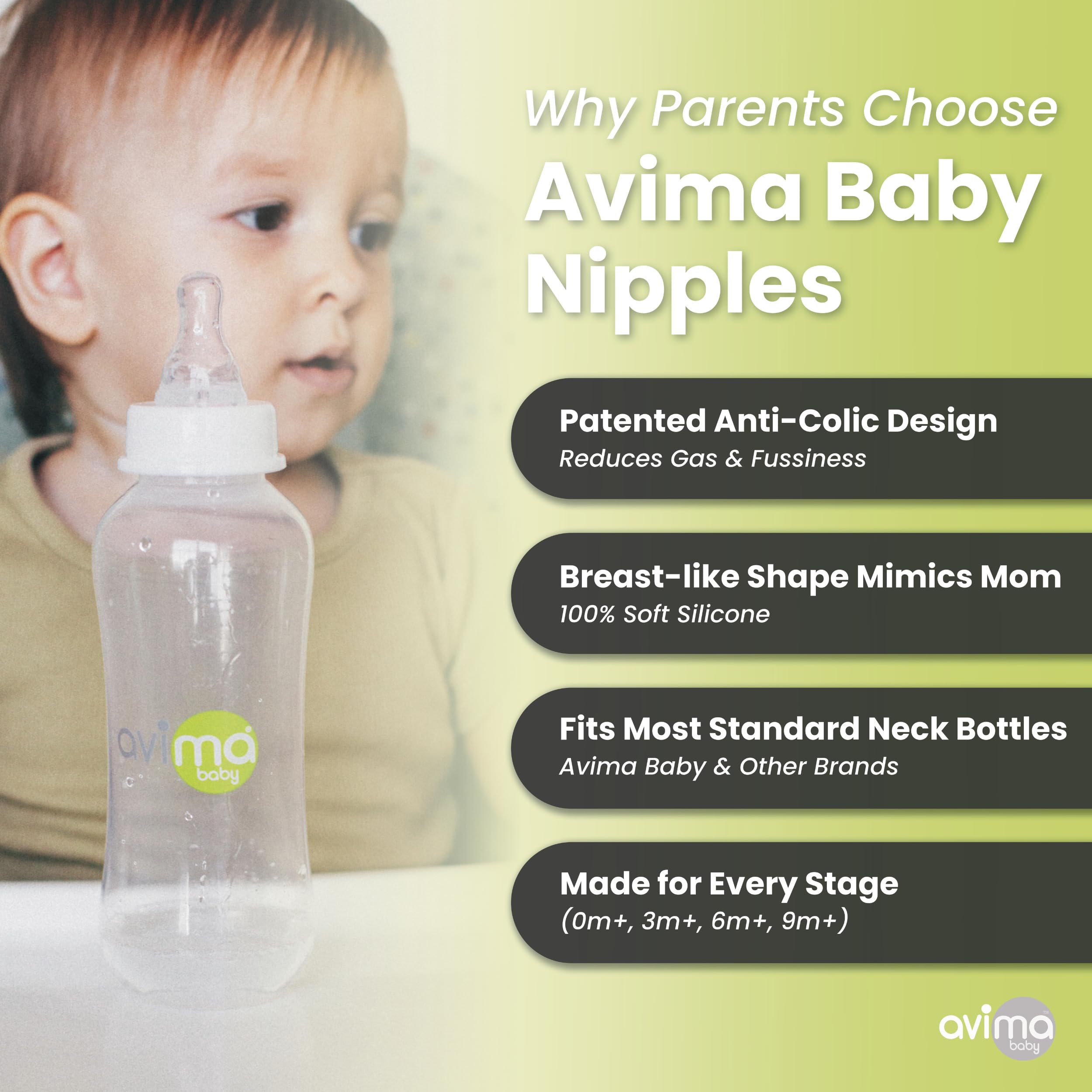 Avima breast-like silicone nipple promotes natural latch.