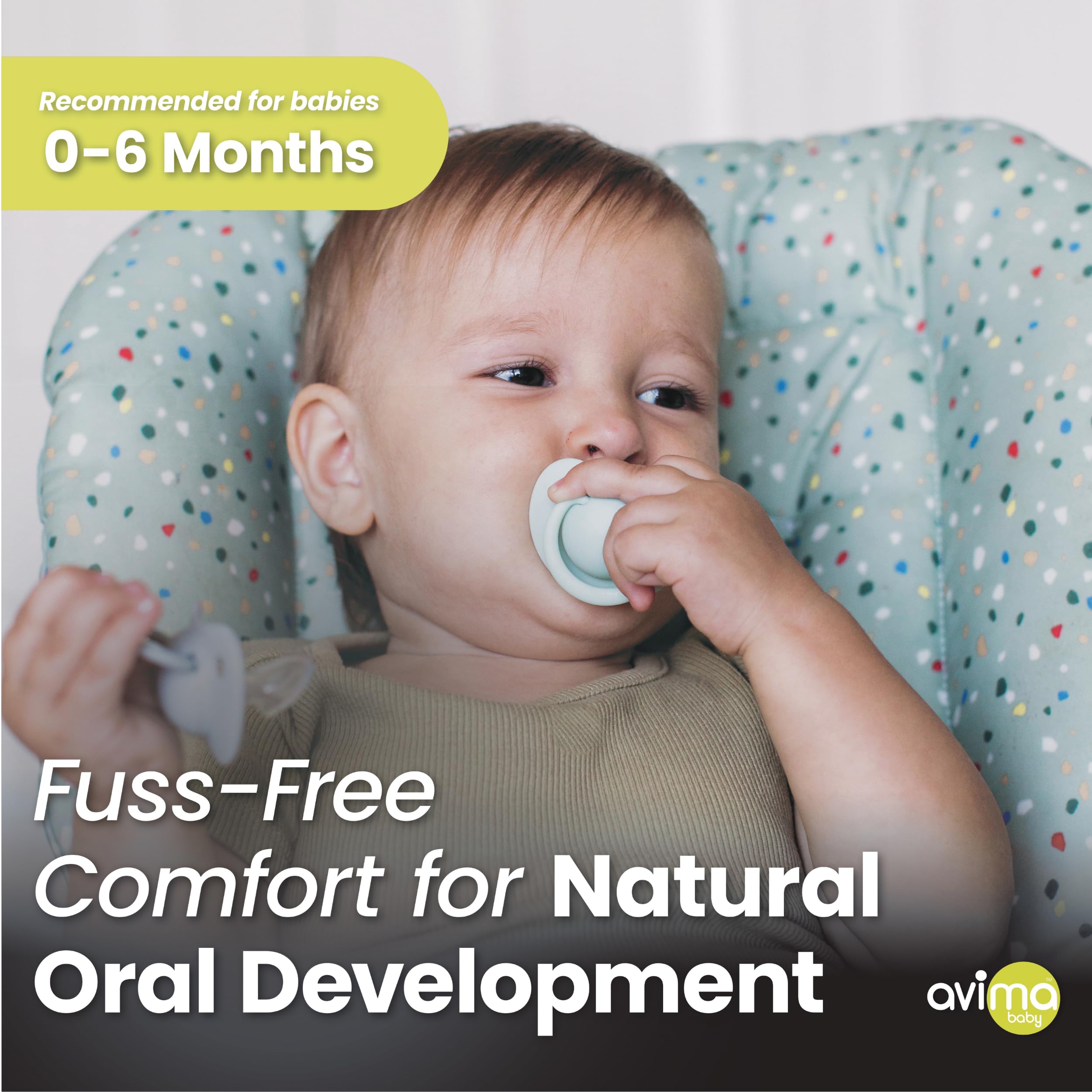 Avima 0-6 month pacifier in use sleeping scenario highlights soothing comfort.