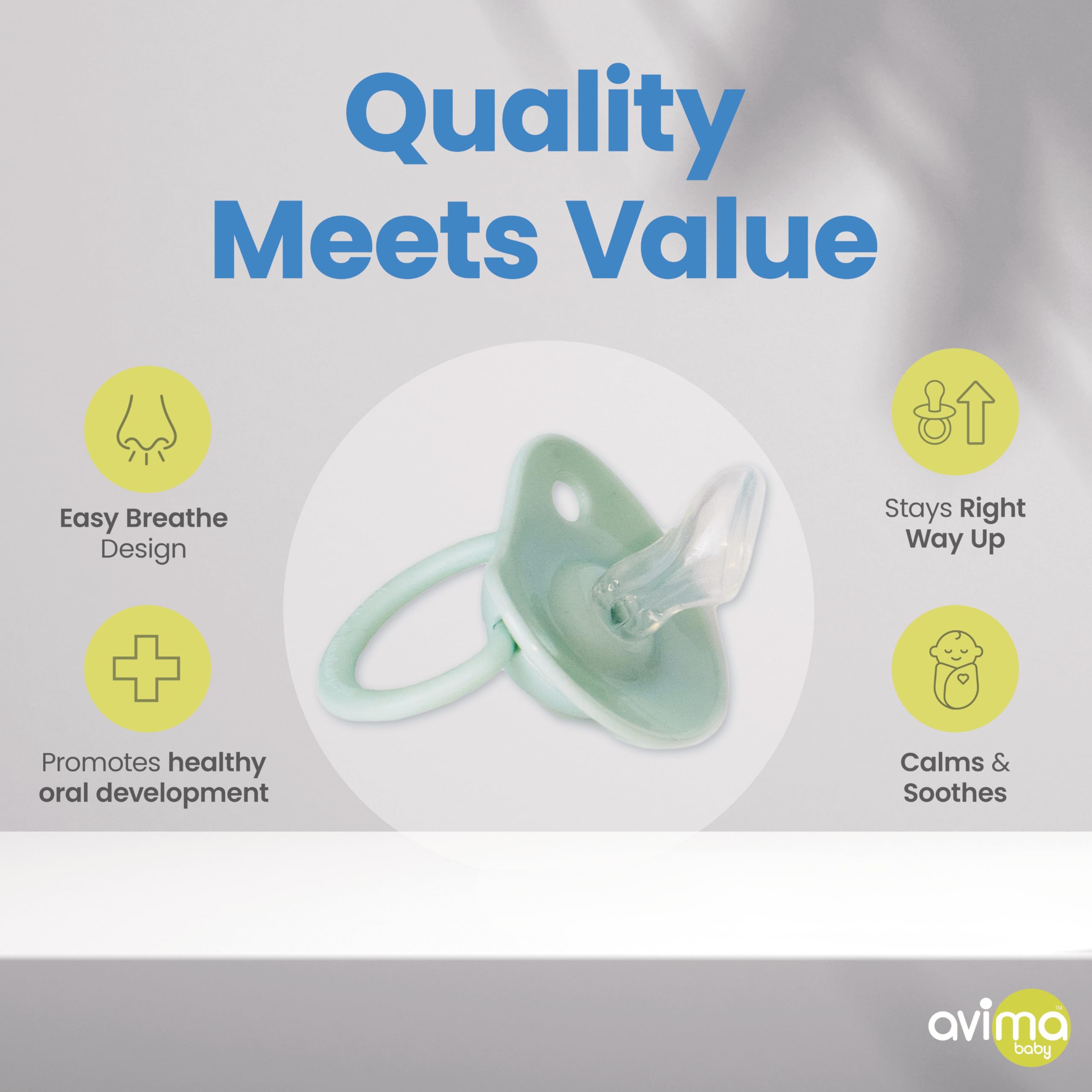 Avima breastfed-transition pacifier supports gentle transition during feeding.
