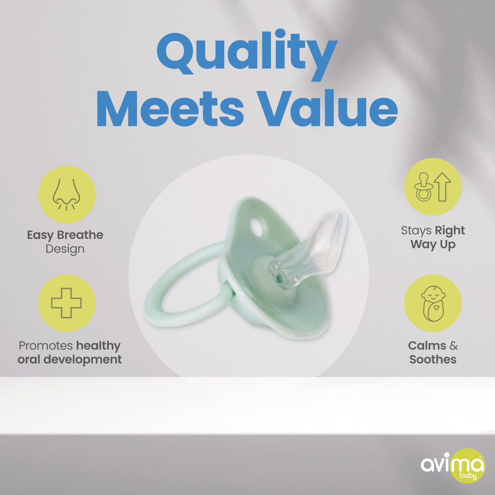 Avima breastfed-transition pacifier supports gentle transition during feeding.