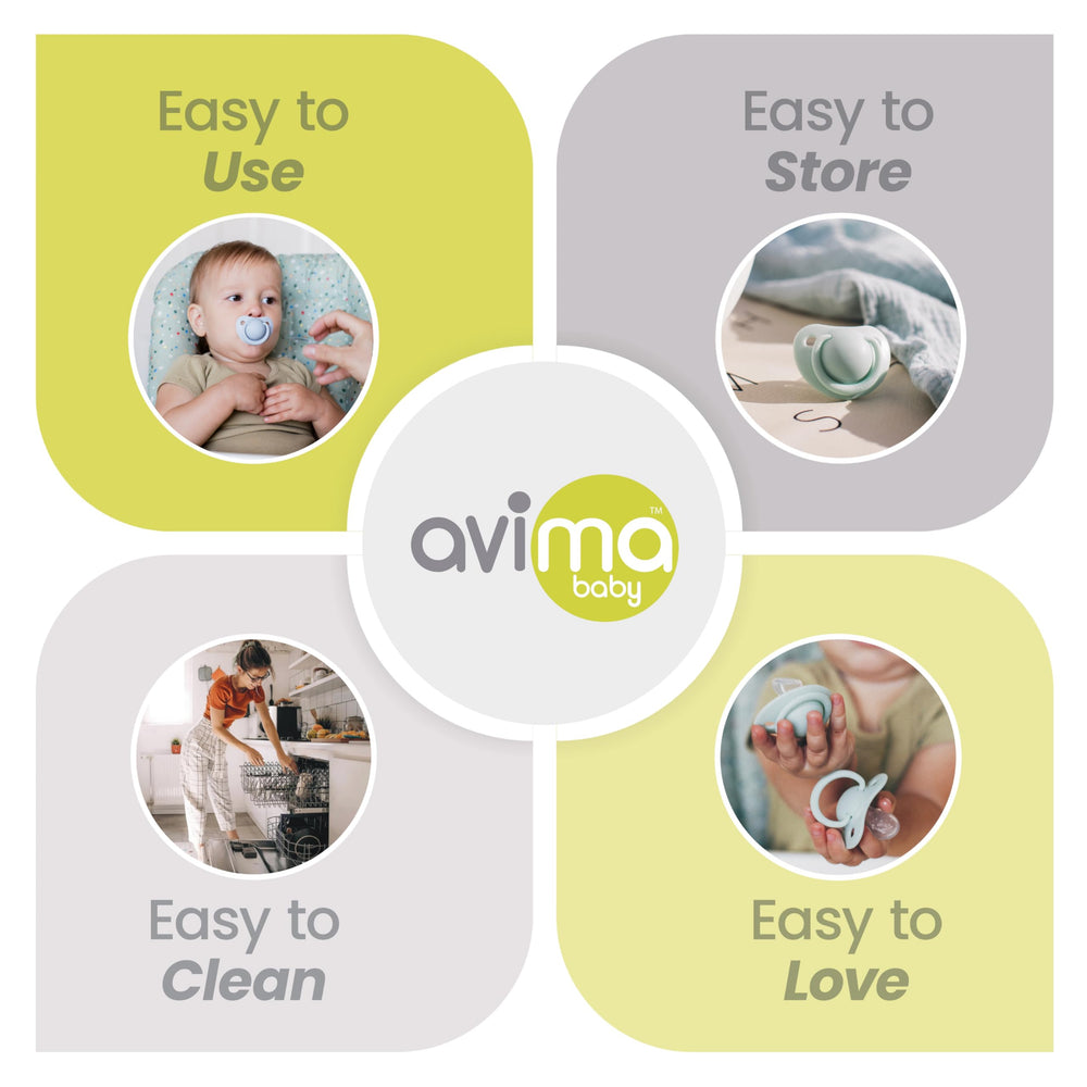 Avima pacifier closeup shows BPA-free silicone and easy cleaning.