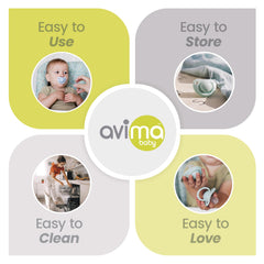 Avima pacifier closeup shows BPA-free silicone and easy cleaning.