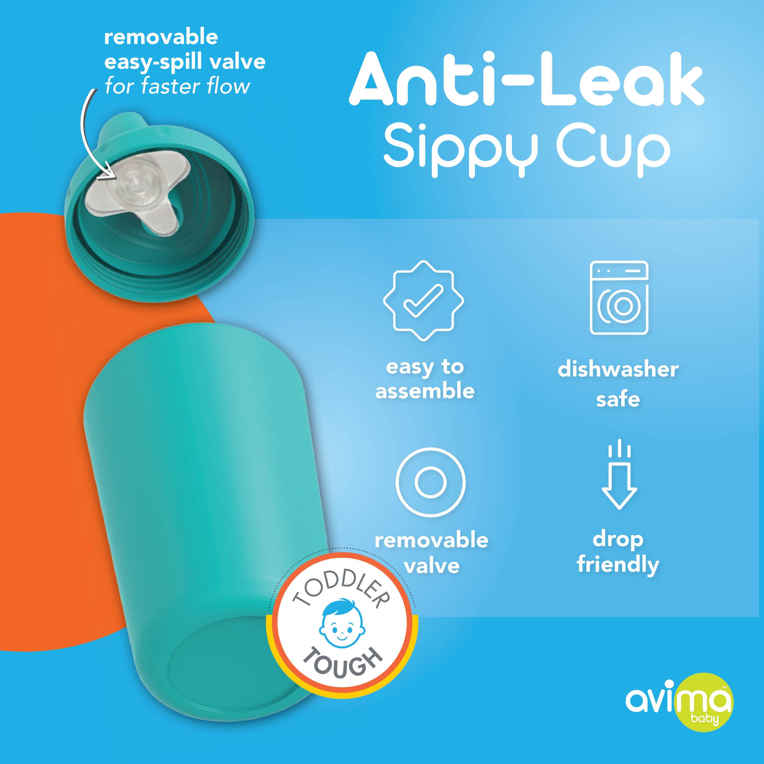 Avima durable-plastic sippy cup withstands drops during active toddler play.