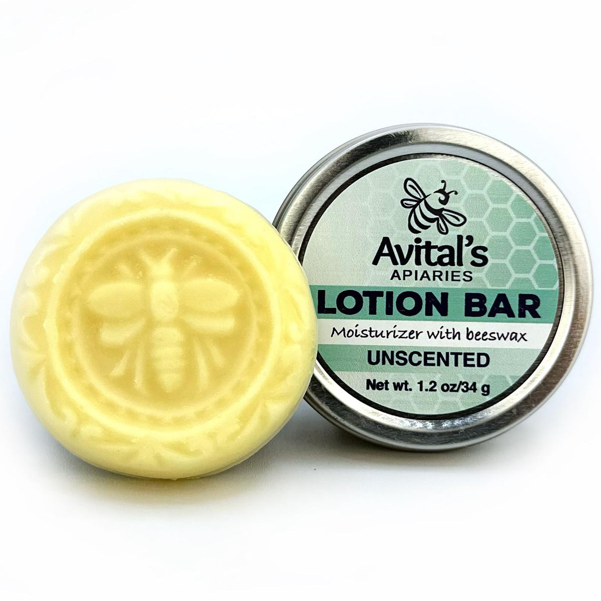 Avital's Apiaries unscented lotion bar closeup, nourishing skin with beeswax and avocado oil.