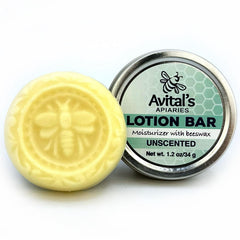 Avital's Apiaries unscented lotion bar closeup, nourishing skin with beeswax and avocado oil.