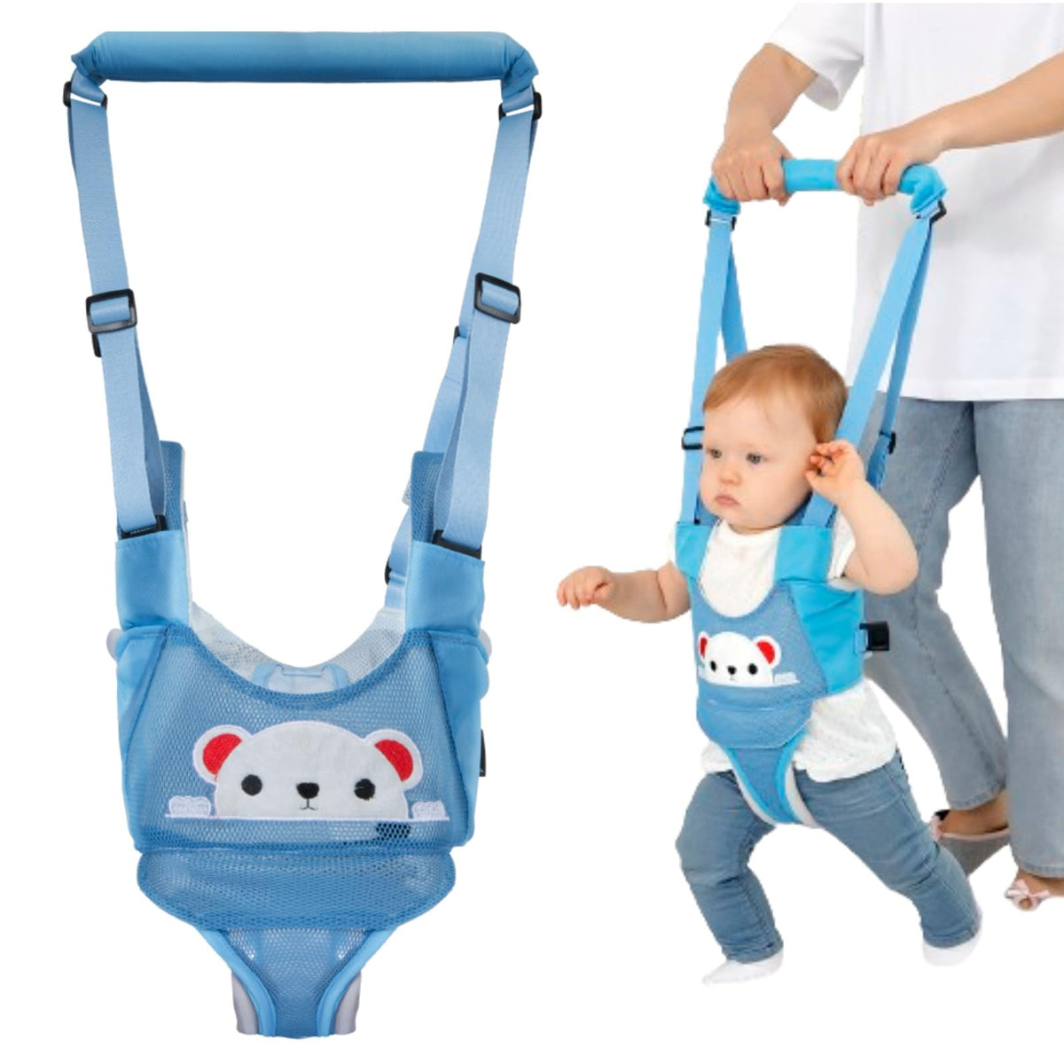AVIZCVE baby walking harness sky blue bear shows breathable comfort for practice.