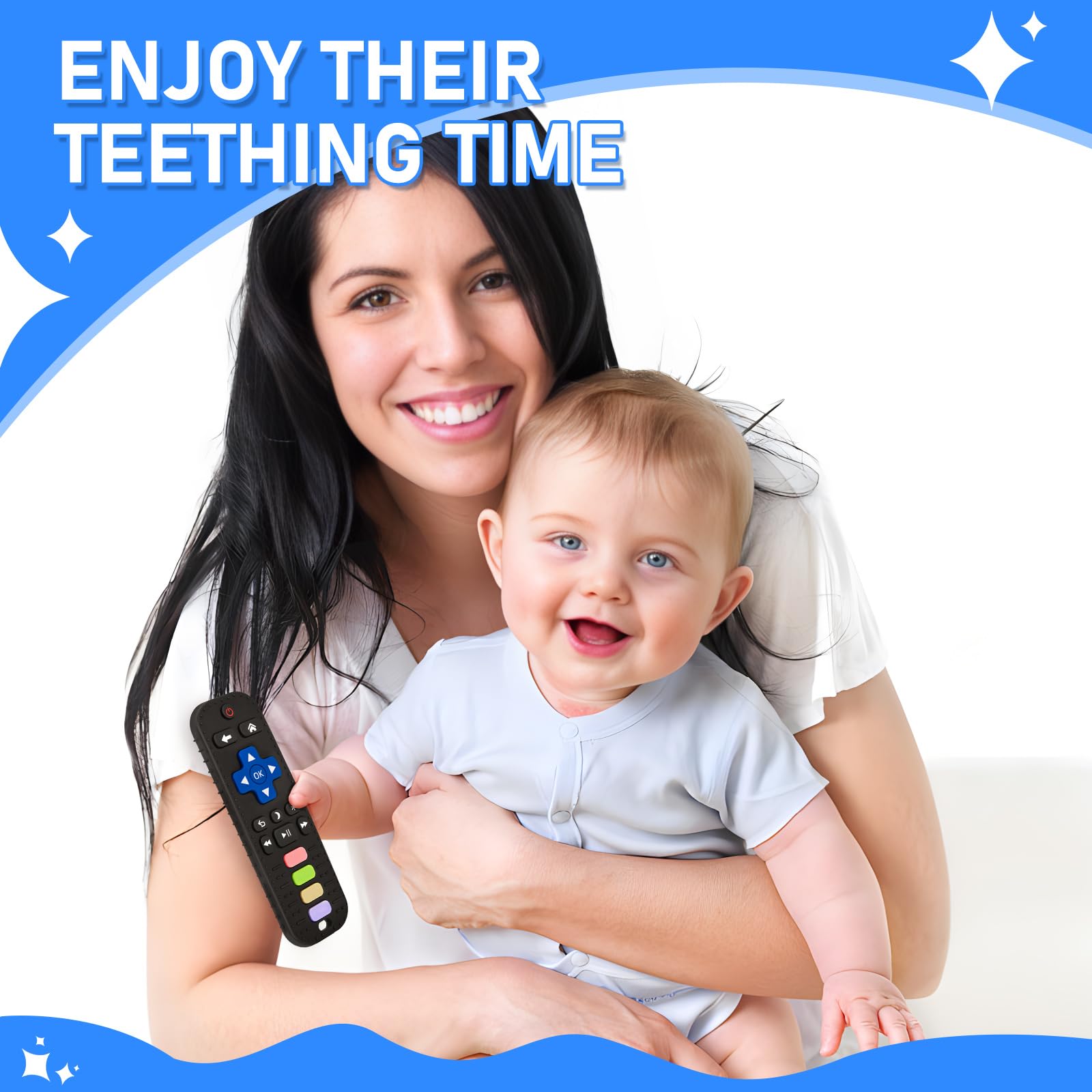 Avkast teething toy shows colorful buttons for visual interest and stimulation