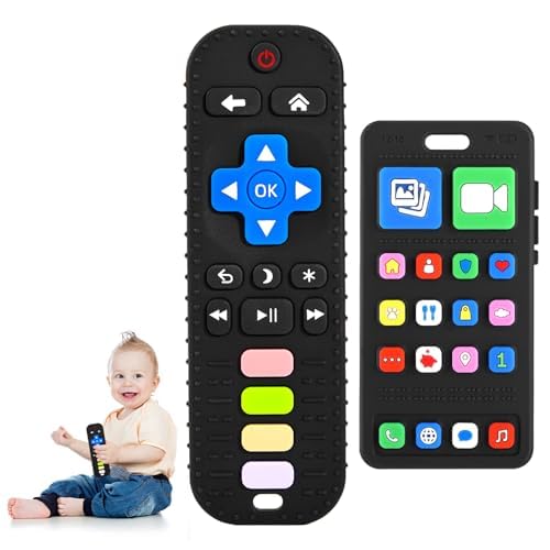 Avkast TV remote teether in soft silicone soothing gums while baby plays
