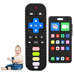 Avkast TV remote teether in soft silicone soothing gums while baby plays