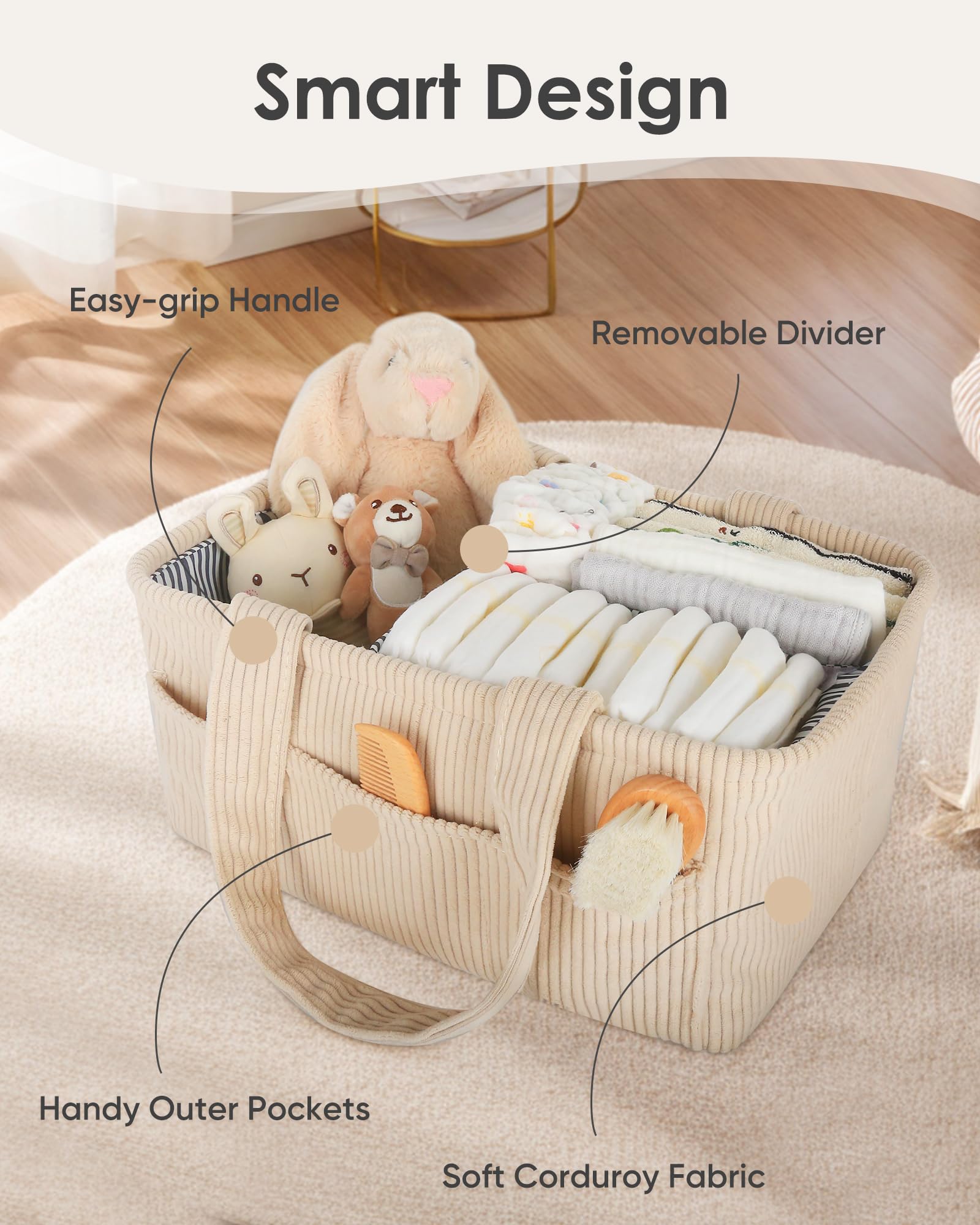 Avomosk corduroy-fabric-detail enhances durability and style for baby storage.