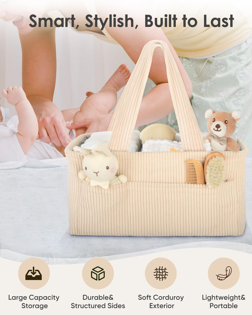 Avomosk diaper caddy handles make it easy to move around the nursery.