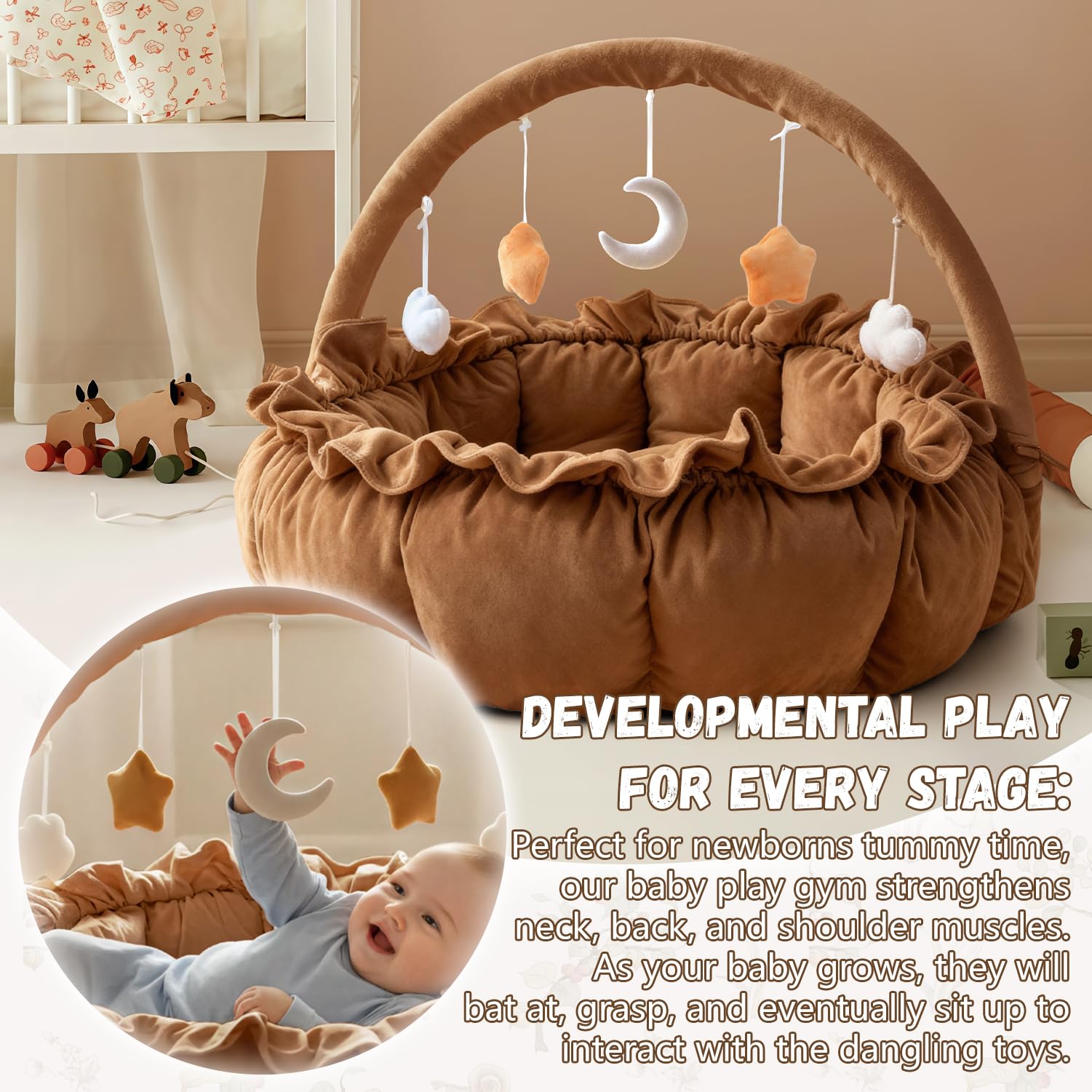 Avrsol 3-in-1 Baby Play Gym with five hanging toys encourages reach and sensory exploration.