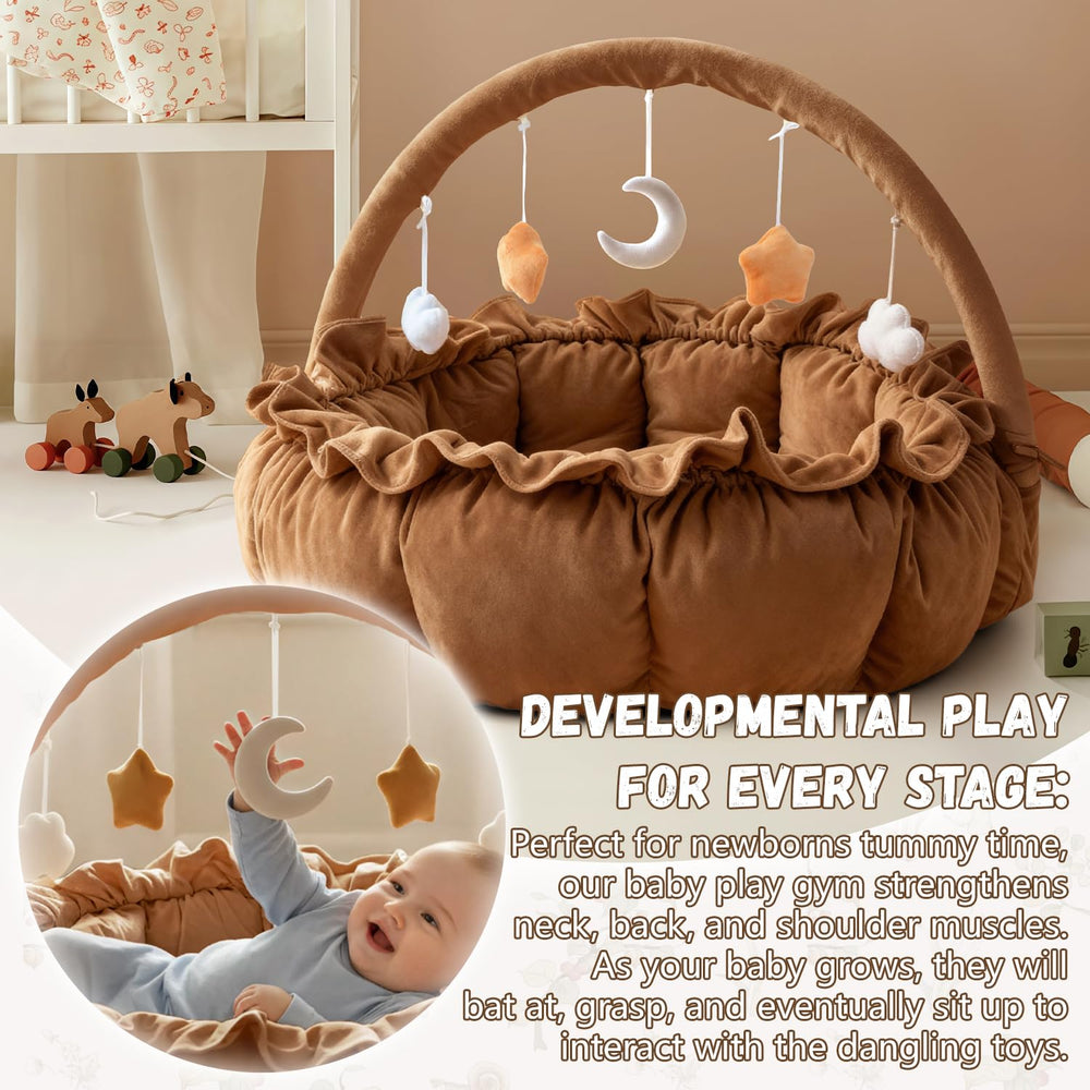 Avrsol 3-in-1 Baby Play Gym with five hanging toys encourages reach and sensory exploration.