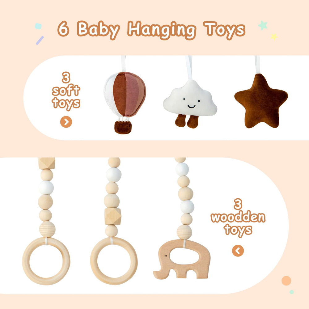 Avrsol hanging bar with six toys encourages reaching, batting, and interactive play.