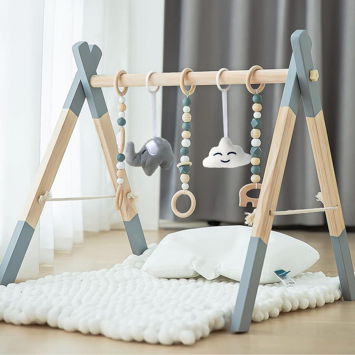 Avrsol wooden baby play gym foldable frame enables quick setup and easy storage.