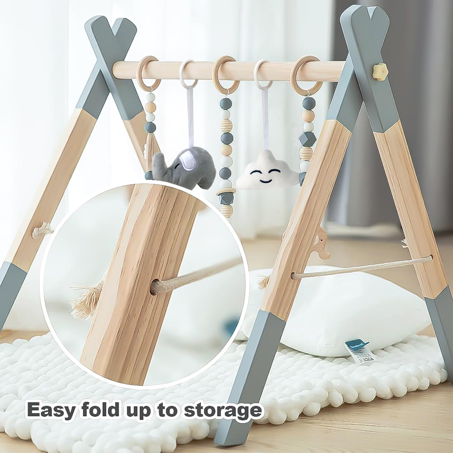 Avrsol wooden baby play gym in-use in living room demonstrates versatile play space.