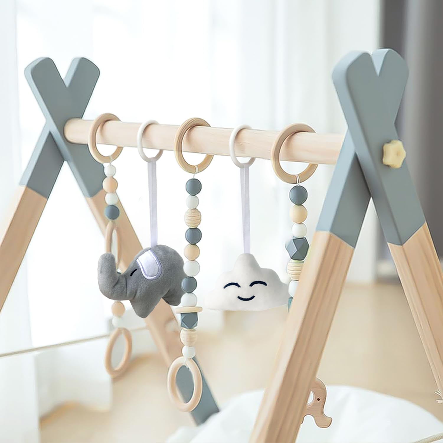 Avrsol wooden baby play gym natural-wood closeup highlights craftsmanship and finish.