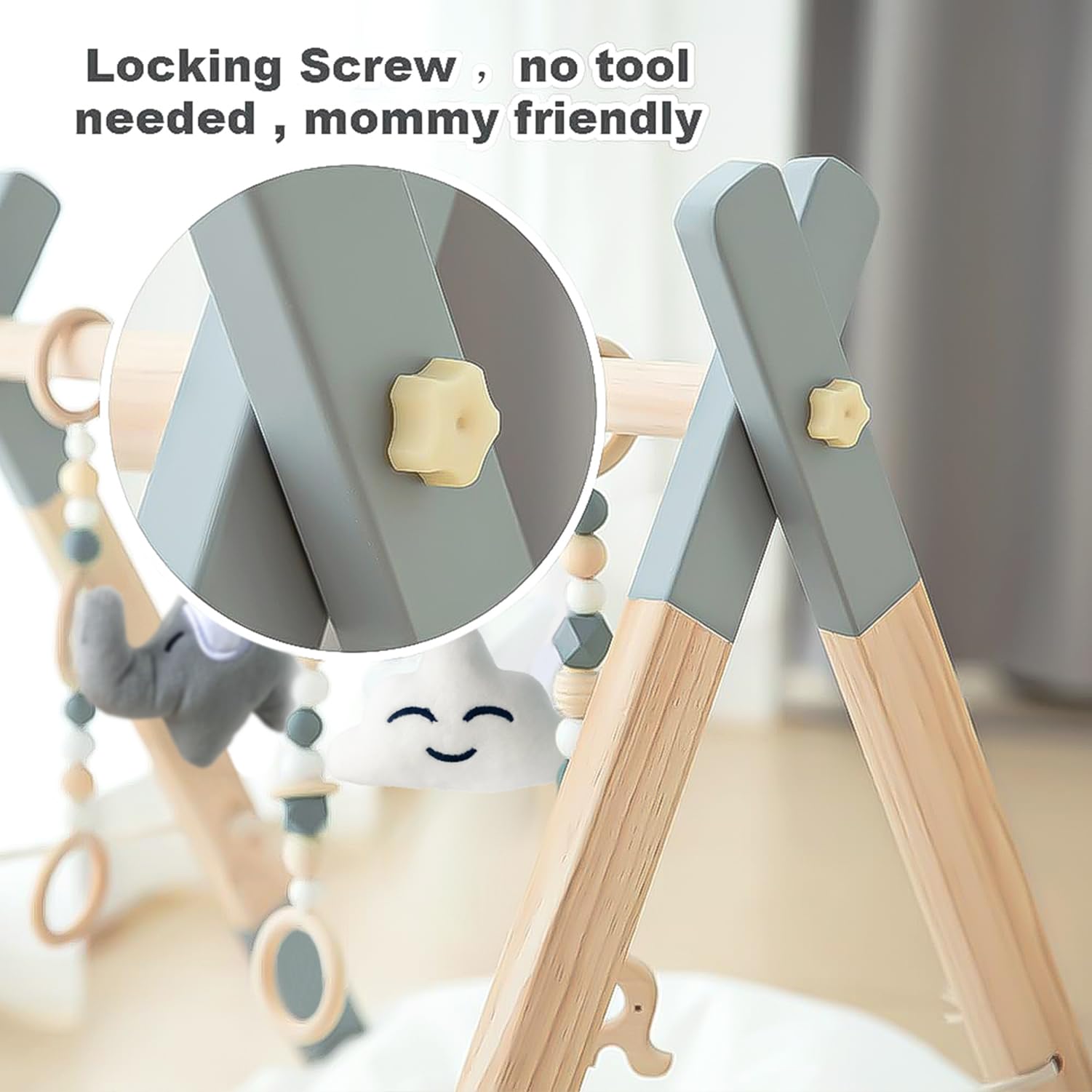 Avrsol wooden baby play gym soft toys add cozy tactile contrasts for comfort.