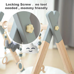 Avrsol wooden baby play gym soft toys add cozy tactile contrasts for comfort.