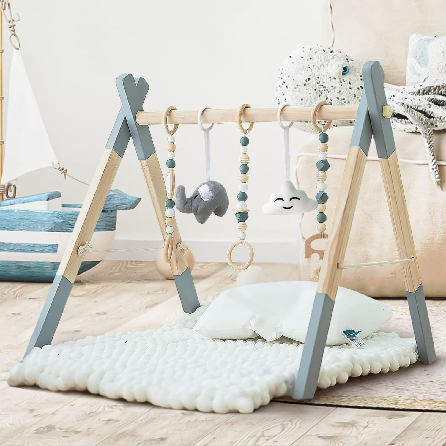 Avrsol wooden baby play gym wooden toys provide natural textures for exploration.