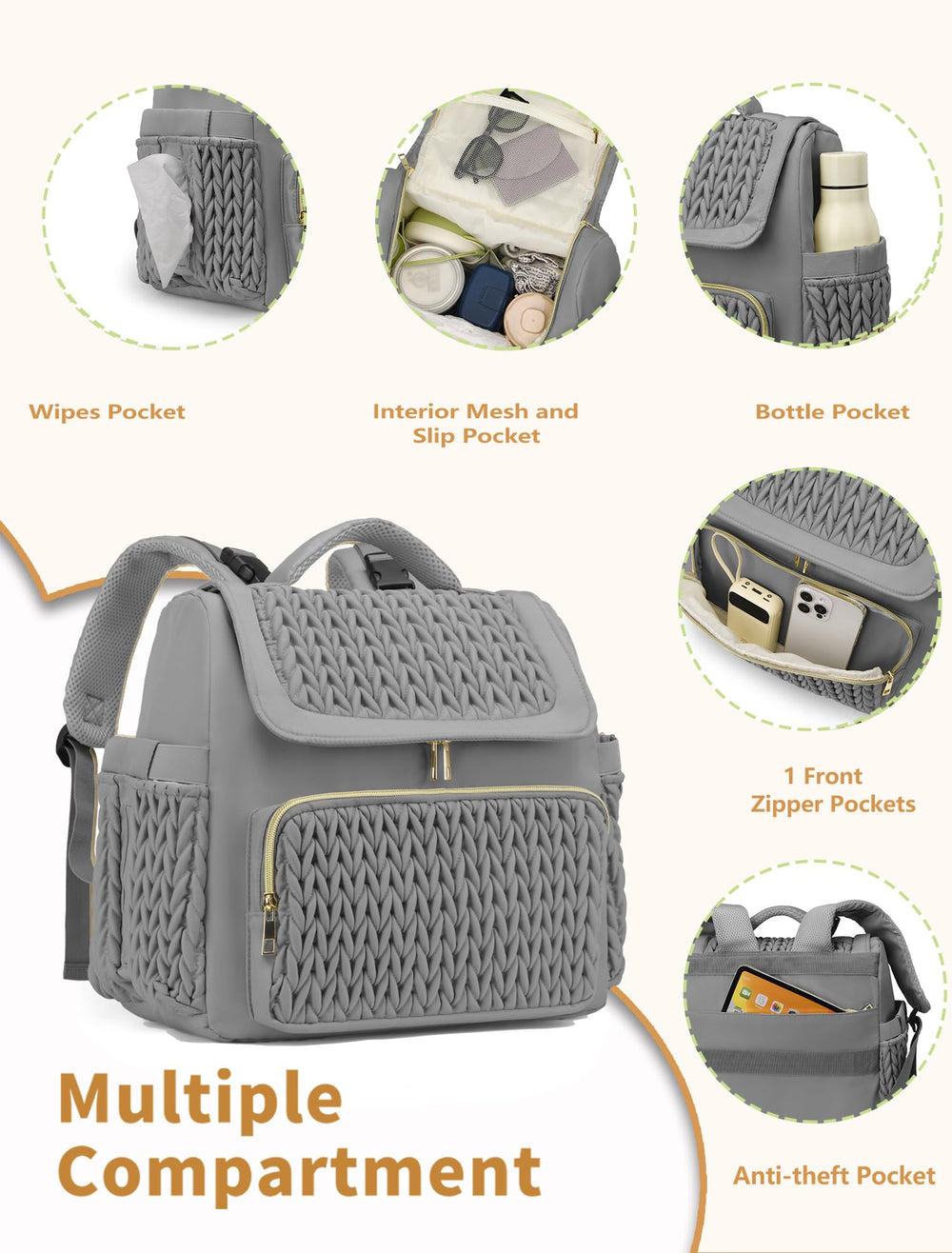 Awanhe diaper bag Taslan fabric close-up highlighting waterproof durability.