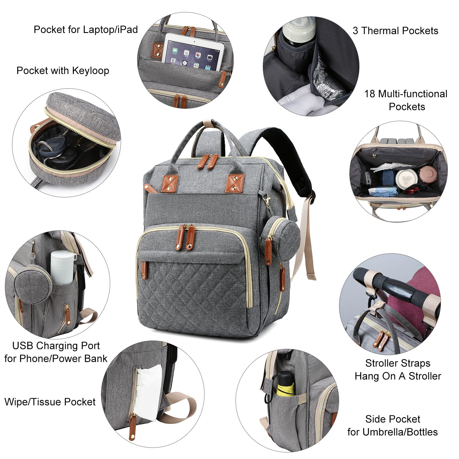 Awanhe diaper bag stroller-attachment supports hands-free mobility and easy transport.