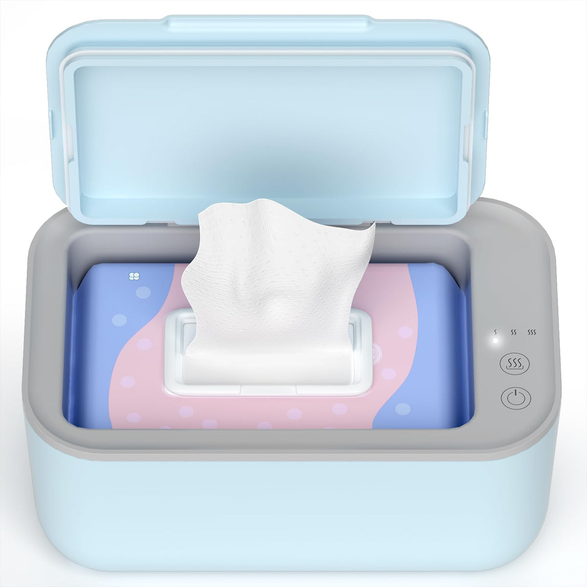 Awesmom wipe warmer blue front view showcases compact design for on-the-go baby care