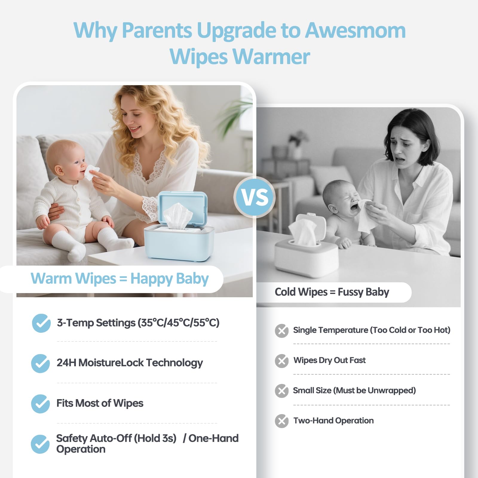Awesmom wipe warmer blue open dispenser highlights easy access to warm wipes