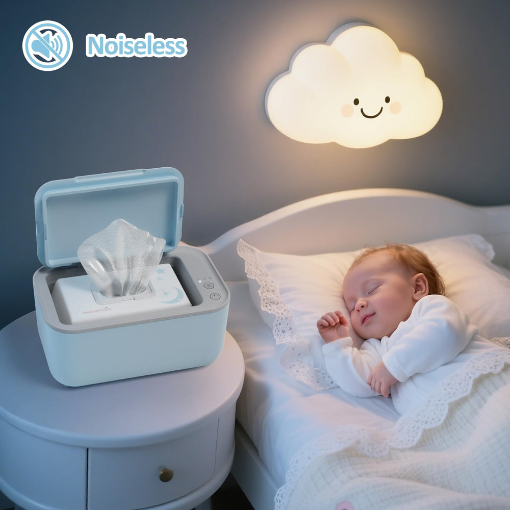 Awesmom wipe warmer blue operates in near silence, ideal for bedtime
