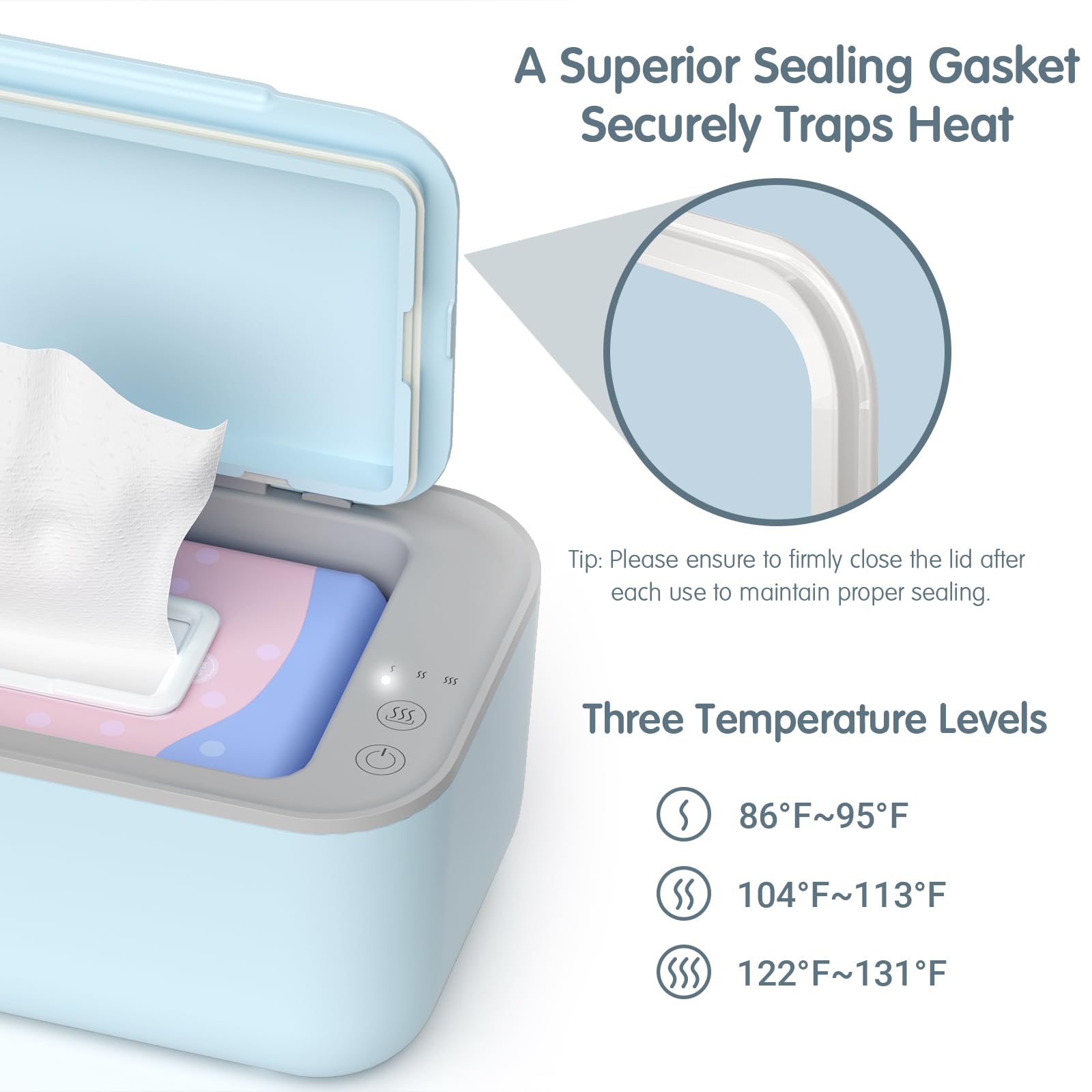 Awesmom wipe warmer blue surrounds heat for even warming