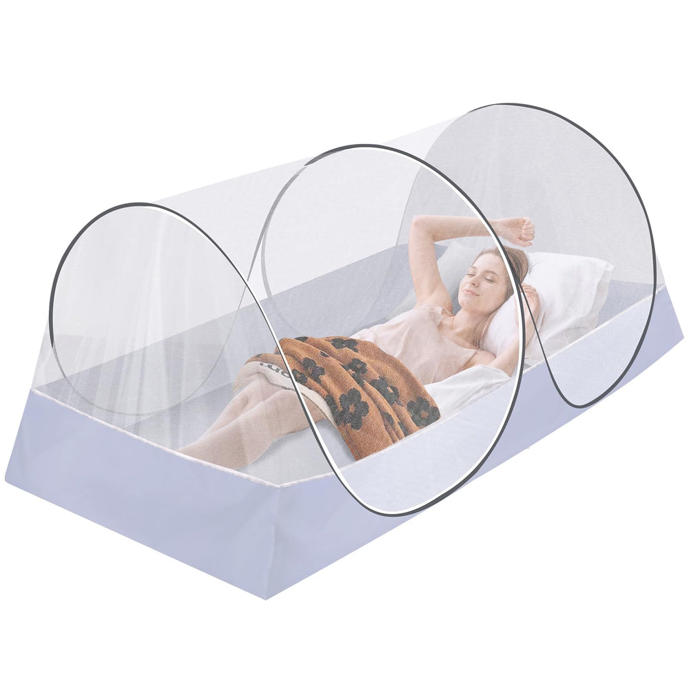 Axcoix extra-large pop-up mosquito net bed-setup for mosquito-free sleeping.